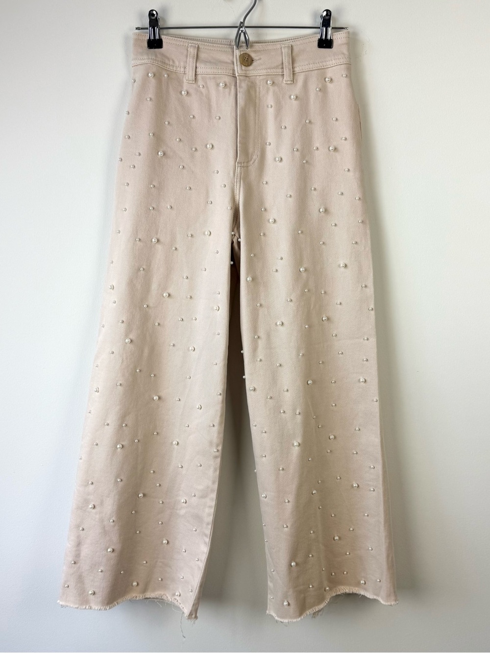 Antonio Melani Pearl Studded High Rise Wide Leg Crop JeNs Cream Tan